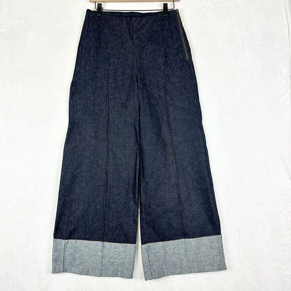 Hemline Brigitte Denim Pants Size Medium Wide Leg Dark Wash Cuffed NEW High Rise - Picture 2 of 7